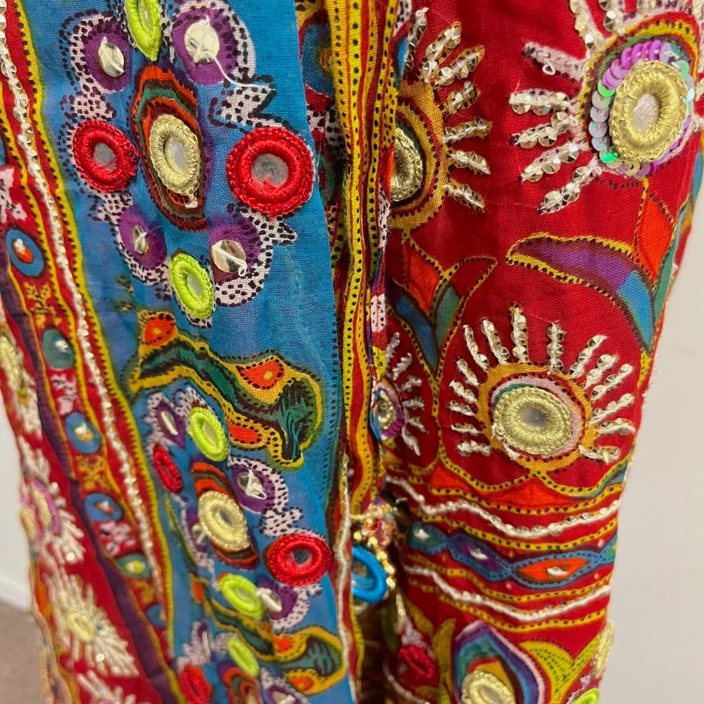 Soft Surroundings bohemian wrap maxi skirt beaded mirrors red gold L India - Picture 7 of 9
